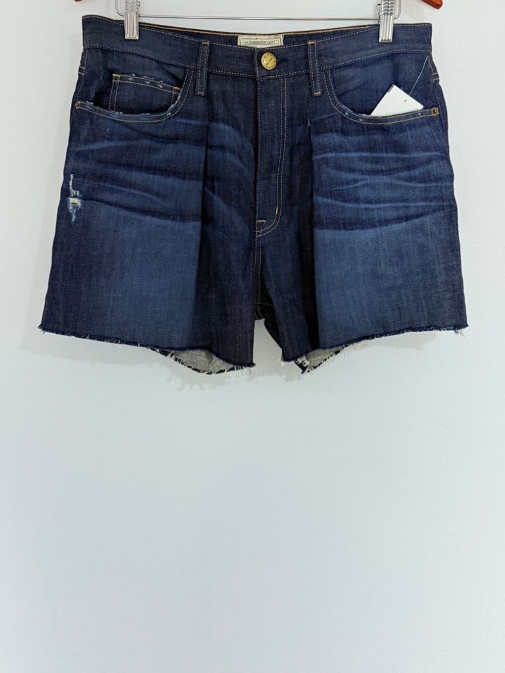 Current/Elliott Pleated Raw Hem Denim Shorts Distressed Dark Wash Sz 16 NWT - Picture 5 of 7